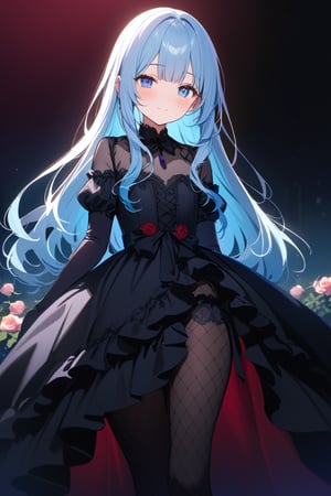 masterpiece, best quality, extremely detailed, (illustration, official art:1.1), 1 girl ,(((( light blue long hair)))), ,(((( light blue long hair)))),light blue hair, , long hair ((blush)) , cute face, big eyes, masterpiece, best quality,(((((a very delicate and beautiful girl))))),Amazing,beautiful detailed eyes,blunt bangs((((little delicate girl)))),tareme(true beautiful:1.2), sense of depth,dynamic angle,,,(((tareme))), affectionate smile, (true beautiful:1.2),,(tiny 1girl model:1.2)(flat chest) 、（dark atmosphere,gothic fashion,bright colors）,（best quality,Super exquisite,）,Sexy goth Vampire girl,In the rose garden at night,Beautiful and delicate eyes,Straight black light blue long hair with blue tips,Crow feathers,red lipstick,mysterious smile,Pale complexion,fishnet stockings,black dress,Pointed-toe bootysterious aura,The moonlight illuminates her elegant silhouette,Soft shadows and soft highlights,Contrasting colors create a vibrant atmosphere,dark and moody color palette,Subtle yet dramatic lighting effects,Sublime darkness intertwined with exquisite moonlight, She's tall and mature, red tone, beatiful pretty face
