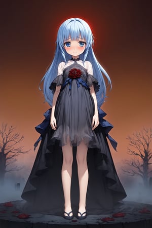 masterpiece, best quality, extremely detailed, (illustration, official art:1.1), 1 girl ,(((( light blue long hair)))), ,(((( light blue long hair)))),light blue hair, , long hair ((blush)) , cute face, masterpiece, best quality,(((((a very delicate and beautiful girl))))),Amazing,beautiful detailed eyes,blunt bangs((((little delicate girl)))),(((tareme))),droopy eyes.(true beautiful:1.2), sense of depth,dynamic angle,,,, affectionate smile, (true beautiful:1.2),,(tiny 1girl model:1.2),)(flat chest), A beautiful anime-style girl with long,,(((detailed)))Blue Eyes,Transparent hair,Face of Sadness,Sad beautiful girl,(((detailed)),(((detailed)))A beautiful immoral girl in a provocative black and grey dress,,(((detailed)))Full Body Shot,Crow,(((detailed)))dead tree,fog,Red Moon,Mysterious Flower,graveyard of darkness。, holding katana, , holding sword
