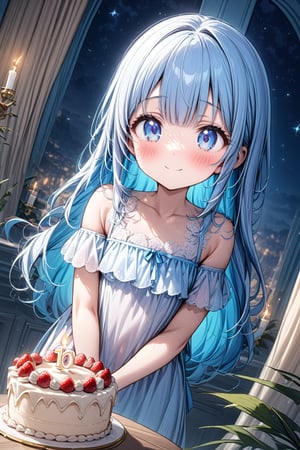 masterpiece, best quality, extremely detailed, (illustration, official art:1.1), 1 girl ,(((( light blue long hair)))), ,(((( light blue long hair)))),light blue hair, , long hair ((blush)) , cute face, masterpiece, best quality,(((((a very delicate and beautiful girl))))),Amazing,beautiful detailed eyes,blunt bangs((((little delicate girl)))),(((tareme))),droopy eyes.(true beautiful:1.2), sense of depth,dynamic angle,,,, affectionate smile, (true beautiful:1.2),,(tiny 1girl model:1.2),)(flat chest),1Young girl,,Off-shoulder dress,Navel,Round Table,Birthday Cake,Make a Wish,night,Beautiful red light,Candle,Casual Dresses