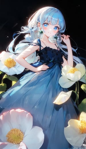 masterpiece, best quality, extremely detailed, (illustration, official art:1.1), 1 girl ,(((( light blue long hair)))), ,(((( light blue long hair)))),light blue hair, , long hair ((blush)) , cute face, big eyes, masterpiece, best quality,(((((a very delicate and beautiful girl))))),Amazing,beautiful detailed eyes,blunt bangs((((little delicate girl)))),tareme(true beautiful:1.2), sense of depth,dynamic angle,,,, affectionate smile, (true beautiful:1.2),,(tiny 1girl model:1.2),)(flat chest) ,(Girl with a flower  earring), 1 girl, solo, shine blue eyes, blue and yellow flower, Dark  dress, portrait, black background, Cinematic lighting, Chiaroscuro, Rembrandt portrait, The light and darkness of intense light and shadow, Overall dark brown and dull shades, dynamic lighting,,,((big flower earrings,Gypsophila)) 