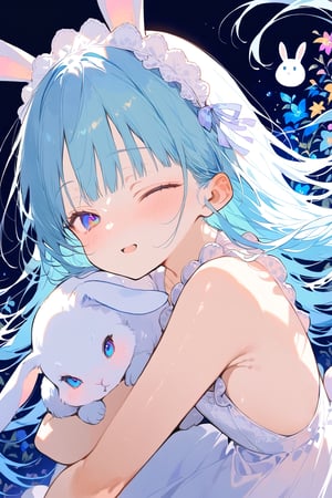 masterpiece, best quality, extremely detailed, (illustration, official art:1.1), 1 girl ,(((( light blue long hair)))), ,(((( light blue long hair)))),light blue hair, , long hair ((blush)) , cute face, big eyes, masterpiece, best quality,(((((a very delicate and beautiful girl))))),Amazing,beautiful detailed eyes,blunt bangs((((little delicate girl)))),tareme(true beautiful:1.2), sense of depth,dynamic angle,,,(((tareme))), (true beautiful:1.2),,(tiny 1girl model:1.2)(flat chest) 、masterpiece, top quality, very aesthetic, absurd, (super detailed), vivid, (nice hands, perfect hands), ideal proportions of the body, BREAK (vector outline, flat colors: 1.5), (one girl), solo, standing, (hugging white rabbit: 1.2), from the side, upper body close-up, (colorful floral background), BREAK cute girl, 18 years old, detailed blue eyes, (eye highlights), bright smile, (eyes closed: 1.2), wide open mouth, (blush all over face), floating hair, BREAK (wearing a shiny white maid: 1.2), (white rabbit ears headband and white rabbit tail), white thigh-high socks, white pumps