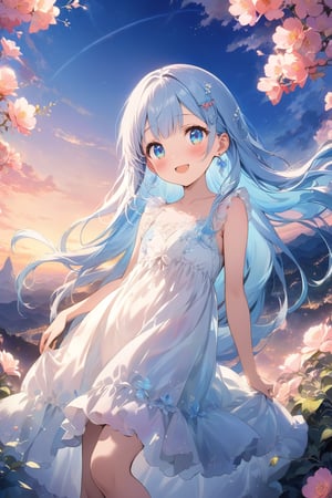 masterpiece, best quality, extremely detailed, (illustration, official art:1.1), 1 girl ,(((( light blue long hair)))), ,(((( light blue long hair)))),light blue hair, , long hair ((blush)) , cute face, big eyes, masterpiece, best quality,(((((a very delicate and beautiful girl))))),Amazing,beautiful detailed eyes,blunt bangs((((little delicate girl)))),tareme(true beautiful:1.2), sense of depth,dynamic angle,,,, affectionate smile, (true beautiful:1.2),,(tiny 1girl model:1.2),)(flat chest),absurderes, ultra-detailliert,bright colour, extremely beautiful detailed anime face and eyes, view straight on, ;D, ,Delicate beautiful face, red blush、Blue eyes, hair clips, earrings, Beautiful skyline,magnificent sky,beautiful and delicate eyes,Cute Girly,Perfect slim body,shift dresses,Pure eyes,The skin is smooth like a baby,Stand on a high mountain and look at the sky,lakes,Colorful flowers and plants。, hair swaying in the wind, hair spreading out 、From below、smile,happy girl
