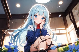 Masterpiece, best quality, extremely detailed, (illustration, official art: 1.1), (((((1 girl))))), ((light blue long hair))), light blue hair, 10 years old,  ((blush)), cute face, big eyes, tareme, masterpiece, best quality, ((a very delicate and beautiful girl)))), , loli girl,amazing, beautiful detailed eyes, blunt bangs (((little delicate girl)))), tareme (true beautiful: 1.2),, petite and sweet,(Composition looking up from a low position)、,1girl,,

Abandoned School, clear color, beautiful photo, watercolor,
(solo cute loli girl:1.3), (tilt head:1.2), clear blue eyes, (:o:0.7), (sitting with one knee up:1.1), cardigan, luminous glow, mystic atmosphere, depth of field, dynamic angle, light particle effect, light leaks, aerial effect, blue flowers,look into viewers, look into viewers,score_9