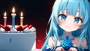 masterpiece, best quality, extremely detailed, (illustration, official art:1.1), 1 girl ,(((( light blue long hair)))), ,(((( light blue long hair)))),light blue hair, , long hair ((blush)) , cute face, masterpiece, best quality,(((((a very delicate and beautiful girl))))),Amazing,beautiful detailed eyes,blunt bangs((((little delicate girl)))),(((tareme))),droopy eyes.(true beautiful:1.2), sense of depth,dynamic angle,,,, affectionate smile, (true beautiful:1.2),,(tiny 1girl model:1.2),)(flat chest),1Young girl,,Off-shoulder dress,Navel,Round Table,Birthday Cake,Make a Wish,night,Beautiful red light,Candle
