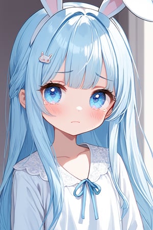 masterpiece, best quality, extremely detailed, (illustration, official art:1.1), 1 girl ,(((( light blue long hair)))), ,(((( light blue long hair)))),light blue hair, , long hair ((blush)) , cute face, big eyes, masterpiece, best quality,(((((a very delicate and beautiful girl))))),Amazing,beautiful detailed eyes,blunt bangs((((little delicate girl)))),tareme(true beautiful:1.2), sense of depth,dynamic angle,,,(((tareme))), (true beautiful:1.2),,(tiny 1girl model:1.2)(flat chest) 、one cute girl, bunny ears, white pajamas, crying and angry