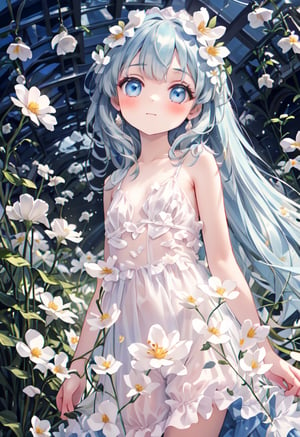 masterpiece, best quality, extremely detailed, (illustration, official art:1.1), 1 girl ,(((( light blue long hair)))), ,(((( light blue long hair)))),light blue hair, , long hair ((blush)) , cute face, big eyes, masterpiece, best quality,(((((a very delicate and beautiful girl))))),Amazing,beautiful detailed eyes,blunt bangs((((little delicate girl)))),tareme(true beautiful:1.2), sense of depth,dynamic angle,,,, affectionate smile, (true beautiful:1.2),,(tiny 1girl model:1.2),)(flat chest) ,(Girl with a pearl earring), 1 girl, solo, shine blue eyes, blue and yellow flower, Dark  dress, portrait, black background, Cinematic lighting, Chiaroscuro, Rembrandt portrait, The light and darkness of intense light and shadow, Overall dark brown and dull shades, dynamic lighting,,,((big flower earrings,Gypsophila)) 