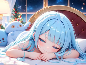 masterpiece, best quality, extremely detailed, (illustration, official art:1.1), 1 girl ,(((( light blue long hair)))), ,(((( light blue long hair)))),light blue hair,loli, long hair ((blush)) , cute face, , masterpiece, best quality,(((((a very delicate and beautiful girl))))),Amazing,beautiful detailed eyes,blunt bangs((((little delicate girl)))),tareme(true beautiful:1.2), sense of depth,dynamic angle,,,, affectionate smile, (true beautiful:1.2),,(tiny 1girl model:1.2),)(flat chest), complex background, wishing star background, a magical scene with shining stars and dreamlike elements, conveying the idea that the magic of Christmas awakens sleeping dreams. Make sure the elements give a dreamy feel. in bed, There are a lot of pillows, dreamy, comfortable, night time, crescent moon, Quiet nights,Comfortable beds,Cosy bedroom,Serene expression,Lightweight dressing gown,gentlesoftlighting,dreamlike scenes,Cloud-like pillows,Starry curtain, portrait、 ☁🌙, ,Embryo,Sleep comfortably, Sleeping Cute Girl,nightcore, Anime girl sleeping t in clouds with stars,
,pure sleep, (wide shot