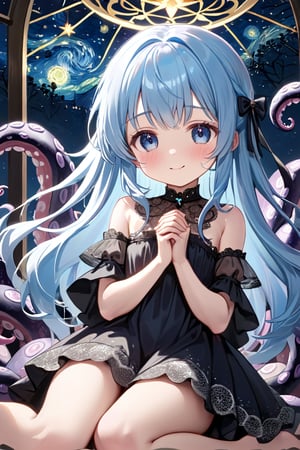 masterpiece, best quality, extremely detailed, (illustration, official art:1.1), 1 girl ,(((( light blue long hair)))), ,(((( light blue long hair)))),light blue hair, , long hair ((blush)) , cute face, big eyes, masterpiece, best quality,(((((a very delicate and beautiful girl))))),Amazing,beautiful detailed eyes,blunt bangs((((little delicate girl)))),tareme(true beautiful:1.2), sense of depth,dynamic angle,,,, affectionate smile, (true beautiful:1.2),,(tiny 1girl model:1.2),)(flat chest) ,,masterpiece, best quality,blush, , shy smile,  , open legs, tentacles, With hands up, starry night, Magic Circle,、Pink Gothic Dress、cute、
,(Depth of field, hdr, 8k wallpaper, cinematic angle, cinematic lighting,:1.1) (masterpiece, best quality:1.45),round and round