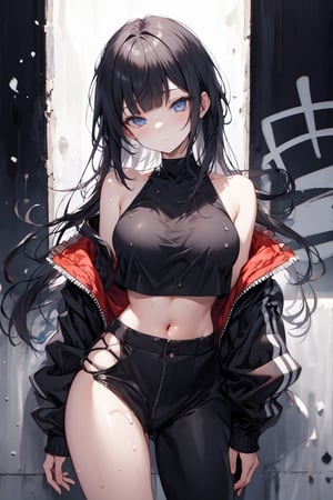 black long hair, blunt bangs,((Jet black, Jet black hair: 0.7),(ultra-detailed eyes, beautiful and detailed face, detailed eyes: 0.9), ,((full shot)),
(cowboy shot), (best quality, ultra-high resolution, depth of field:1.2), adult, 1woman, toned body, medium breasts, wide hips, solo, black hair,bangs, cropped jacket, (black crop top), (highleg bikini:1.2), (soggy pants:1.4), (graffiti:1.4), paint-stained clothes, slouching, laying on the wall, looking at viewer, upturned eyes, head tilt, bored, hands behind back、
DANCE