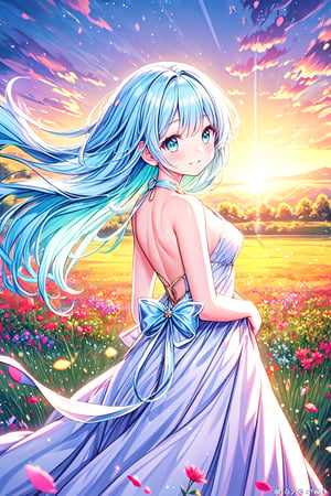 masterpiece, best quality, extremely detailed, (illustration, official art: 1.1), 1 girl, (((light blue long hair))), light blue hair, 10 years old, long hair ((blush)), cute face, big eyes, masterpiece, best quality, (((a very delicate and beautiful girl)))), amazing, beautiful detailed eyes, blunt bangs (((little delicate girl)))), tareme .(true beautiful: 1.2), sense of depth, dynamic angle,,, affectionate smile, ???, (8K, HDR, highres), (((photography, RAW photo, hyperrealism, masterpiece, best quality, ultra highres))), (pin light, back light, backlighting, cinematic light), sharp focus: 1. 4, (hyper detail, detailed), full body,1girl, in a field of reeds where the wind blows as the sun sets, there stands a girl in a wedding dress The dress is a flowing white gown that catches the breeze and dances with the wind. The girl's light blue hair is loose and tousled, and she holds a bouquet of wildflowers in her hands. As the sun sets behind her, casting a warm golden light over the field, she stands tall and serene, like a vision of beauty and grace, oval face,  small and pretty but plump lips, 