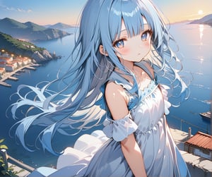 ((masterpiece, best quality, extremely detailed, absurdres)),, masterpiece, best quality, extremely detailed, ((((((light blue long hair)))))), long hair cute anime faces,detailed light,parted lips,shiny、beautiful detailed face,,longhair、(((( light blue long hair)))),,10 years old, , 1girl, solo, flat chest, blush, bangs, caramel、Perfect beautiful woman,masterpiece, best quality, ,flat chest, (flat chest), ((super photo realistic)), (masterpiece), illustration, ultra detailed, absurdres, 8k, details down to the smallest detail, Reflection, light bokeh effect, ((look at viewer)), a small harbor town by the Aegean Sea where the mountains meet the ocean. (The town has beautiful white walls that follow the slopes of the hills). (A girl stands on top of a hill, looking down at the town below:1.2). She is wearing a summer dress. In her view, ((a beautiful sunrise shines brightly)), A beautiful summer day, BREAK (produces images with information than 40 million pixels with cinematic-like detailed textures shot on a Sony SLR), 