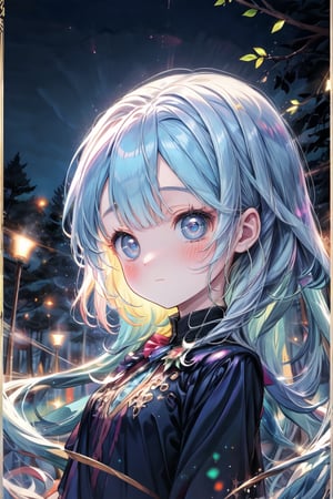 Masterpiece, best quality, extremely detailed, (illustration, official art: 1.1),(((1 girl))), ((light blue long hair))), light blue hair,, young, skinny,, (blush)), cute ((blush)) face, big eyes, tareme, masterpiece, best quality, (a very delicate and beautiful girl)))), flat chest, amazing, beautiful detailed eyes, blunt bangs (((little delicate girl)))), tareme ( True Beautiful: 1.2), , Optical Illusion, Black Light Art, Conceptual Artwork, by Arthur Rackham, (Best Qualityer, High Resolution, Ultra Detali), The Goddess , Brilliant Mystical Spells, A Haunted Forest, Orange and Purple Tones, Portraits, Bright Coloured, Extreme Detailed Description, Sharp Focus, Painfully Based Rendering, Studio Lighting, Horor, magical, mysterious atmosphere, swirling mist, ethereal glow, ancient trees, twisted branches, moonlit sky, mysterious shadows, mesmerizing, enchanting, hauntingly beautiful,
