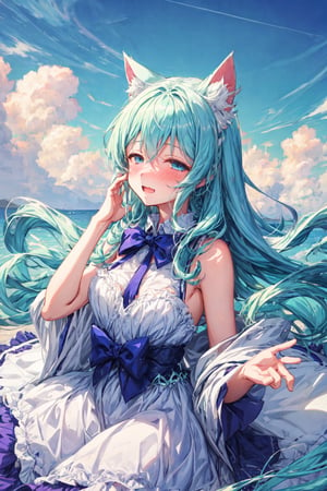  Masterpiece, best quality, extremely detailed, (illustration, official art: 1.1), 1 girl, ((light blue long hair))), light blue hair, 10 years old, ((blush)), cute face, big eyes, masterpiece, best quality, ((a very delicate and beautiful girl)))), amazing, beautiful detailed eyes, blunt bangs (((little delicate girl)))), tareme (true beautiful: 1.2),Official art、Top quality ultra-detailed CG art、a beauty girl：１.２）、lightblue hair、Glossy hair、 , ,smile,masterpiece, highres, best quality,1girl, smile,(white Cat cuddling､) anime girl with blue hair and white cat ears sleeping in the clouds, top rated on pixiv, pixiv, cute anime catgirl, pixiv contest winner, pixiv style, nightcore, anime girl with cat ears, ahri, trending on artstation pixiv, pixiv trending, beautiful anime catgirl, very beautiful anime cat girl, pixiv daily ranking(((white cat))),(((white cat))) ,,