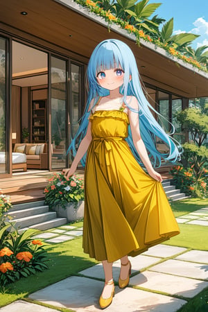 masterpiece, best quality, extremely detailed, (illustration, official art:1.1), 1 girl ,(((( light blue long hair)))), ,(((( light blue long hair)))),light blue hair, , long hair ((blush)) , cute face, big eyes, masterpiece, best quality,(((((a very delicate and beautiful girl))))),Amazing,beautiful detailed eyes,blunt bangs((((little delicate girl)))),(((tareme))),droopy eyes.(true beautiful:1.2), sense of depth,dynamic angle,,,, affectionate smile, (true beautiful:1.2),,(tiny 1girl model:1.2),)(flat chest),smile、(4 year old child２people)、Holding hands and taking a walk、, proudly showing her their luxurious, modern home. The home is elegant and sophisticated, seamlessly blending with the surrounding lush greenery. The scene exudes a warm, aesthetic vibe, with soft, inviting colors and gentle lines, capturing the love and pride in the young man's eyes as he presents their stunning residence to his mother. The house features sleek architecture, large windows, and stylish design elements, ensuring a contemporary and luxurious feel. The overall atmosphere is serene and enchanting, evoking a sense of beauty, tranquility, and modern opulence.a family of 3 posing in front of a house、full body、Long skirt
