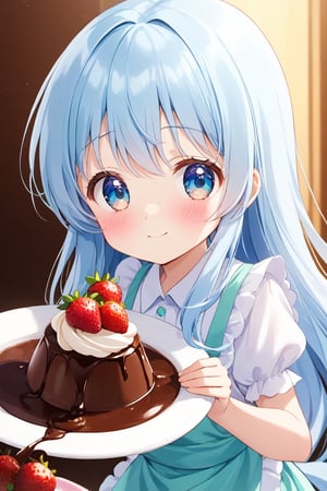 masterpiece, best quality, extremely detailed, (illustration, official art:1.1), 1 girl ,(((( light blue long hair)))), ,(((( light blue long hair)))),light blue hair, , long hair ((blush)) , cute face, big eyes, masterpiece, best quality,(((((a very delicate and beautiful girl))))),Amazing,beautiful detailed eyes,blunt bangs((((little delicate girl)))),tareme(true beautiful:1.2), sense of depth,dynamic angle,,,, affectionate smile, (true beautiful:1.2),,(tiny 1girl model:1.2),)(flat chest), valentines day、((have chocolate))、a little shy、(My cheeks are red.)、give chocolate,( 90'anime art style), 80&#39;anime art style, In the art style of 80's anime, 90s anime aesthetic, retro anime images, 90s anime style, 90s anime style, 80&#39;s anime style, 1980's anime style、poster of、1 person、very cute,(((Chocolate,Melting chocolate frame,Strawberry chocolate fondue ,Chocolate covered strawberries))),mint green Apron