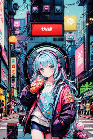  ,(((( light blue long hair)))), , (true beautiful:1.2),long hair,,10yo,,(tiny 1girl model:1.2),Pink and blue hair girl, soda, Inspired by 90s anime, Cyberpunk City, praise, colorful, listen to music, Drinking alcohol