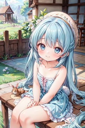 masterpiece, best quality, extremely detailed, (illustration, official art:1.1), 1 girl ,(((( light blue long hair)))), ,(((( light blue long hair)))),light blue hair, , long hair ((blush)) , cute face, big eyes, masterpiece, best quality,(((((a very delicate and beautiful girl))))),Amazing,beautiful detailed eyes,blunt bangs((((little delicate girl)))),(((tareme))),droopy eyes.(true beautiful:1.2), sense of depth,dynamic angle,,,, affectionate smile, (true beautiful:1.2),,(tiny 1girl model:1.2),)(flat chest),(((masterpiece))),(((best quality))),((ultra-detailed)), cute,a flower house,Rabbit, Squirrel,beauty,a girl wiht grass-hat,flowers,, veranda, very Cute clothes, a girl sitting on the veranda,
