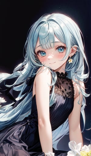 masterpiece, best quality, extremely detailed, (illustration, official art:1.1), 1 girl ,(((( light blue long hair)))), ,(((( light blue long hair)))),light blue hair, , long hair ((blush)) , cute face, big eyes, masterpiece, best quality,(((((a very delicate and beautiful girl))))),Amazing,beautiful detailed eyes,blunt bangs((((little delicate girl)))),tareme(true beautiful:1.2), sense of depth,dynamic angle,,,, affectionate smile, (true beautiful:1.2),,(tiny 1girl model:1.2),)(flat chest) ,(Girl with a flower  earring), 1 girl, solo, shine blue eyes, blue and yellow flower, Dark  dress, portrait, black background, Cinematic lighting, Chiaroscuro, Rembrandt portrait, The light and darkness of intense light and shadow, Overall dark brown and dull shades, dynamic lighting,,,((big flower earrings,Gypsophila)) 