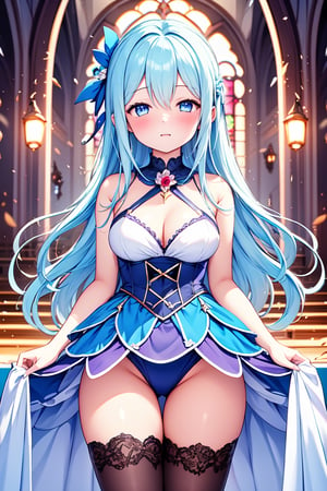 Masterpiece, best quality, extremely detailed, (illustration, official art: 1.1), (((((1 girl))))), ((light blue long hair))), light blue hair, 10 years old, ((blush)), cute face, big eyes, tareme, masterpiece, best quality, ((a very delicate and beautiful girl)))), , girl,amazing, beautiful detailed eyes, blunt bangs (((little delicate girl)))), tareme (true beautiful: 1.2),, and sweet,(Composition looking up from a low position)、,1girl,, , (official art、best quality、Unity 8k wallpaper、32k、​Masterpiece、Super detailed、ultra high resolution、realistic、Realism、very funny:1.2)、 (masterpiece, best quality), 1girl, ice shards, hands crystal ice, ice blade, blue magic circle, blue corset, black thighhighs, sidelighting, light particles, abstract,、(Chis、in the house、Stained glass of art、Large pipe organ、Hello、mystery、A lot of feathers floating、angelic、light particles、serious、Sunshine is、Colorful、fantastic:1.2)、(fantastic:1.3)、、fantastic、smile smile ,Church background,Purple roses,, butterfly style, iris, Liuli, Polychromexistic prism effect, ,incredibly absurdres