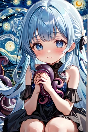 masterpiece, best quality, extremely detailed, (illustration, official art:1.1), 1 girl ,(((( light blue long hair)))), ,(((( light blue long hair)))),light blue hair, , long hair ((blush)) , cute face, big eyes, masterpiece, best quality,(((((a very delicate and beautiful girl))))),Amazing,beautiful detailed eyes,blunt bangs,tareme(true beautiful:1.2), sense of depth,dynamic angle,,,, affectionate smile, (true beautiful:1.2),,(tiny 1girl model:1.2),)(flat chest) ,,masterpiece, best quality,blush, , shy smile,  , open legs, tentacles, With hands up, starry night, 、Pink Gothic Dress、cute、
,(Depth of field, hdr, 8k wallpaper, cinematic angle, cinematic lighting,:1.1) (masterpiece, best quality:1.45),round and round