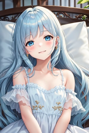 masterpiece, best quality, extremely detailed, (illustration, official art:1.1), 1 girl ,(((( light blue hair)))), ,(((( light blue long hair)))),light blue hair, ,((blush)) , cute face, big eyes, masterpiece, best quality,(((((a very delicate and beautiful girl))))),Amazing,beautiful detailed eyes,blunt bangs((((little delicate girl)))),(((tareme))),droopy eyes.(true beautiful:1.2), sense of depth,dynamic angle,,,, affectionate smile, (true beautiful:1.2),,(tiny 1girl model:1.2),)(flat chest),Minimalist style: pillow on your arms, close your eyes and relax, showing a romantic, relaxed and elegant beauty
