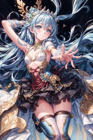 masterpiece, best quality, extremely detailed, (illustration, official art:1.1), 1 girl ,(((( light blue long hair)))), ,(((( light blue long hair)))),light blue hair, , long hair ((blush)) , cute face, big eyes, masterpiece, best quality,(((((a very delicate and beautiful girl))))),Amazing,beautiful detailed eyes,blunt bangs((((little delicate girl)))),tareme(true beautiful:1.2), sense of depth,dynamic angle,,,, affectionate smile, (true beautiful:1.2),,(tiny 1girl model:1.2),)(flat chest),(shibari, arms behind the back:1.4), (hands on the back), (The highest image quality, striking details, ultra-high resolution, (realism: 1.4), (masterpiece, best quality)), (masterpiece, best quality) 1.5, 1girl, solo, (sexy, beautiful woman, perfect face, perfect eyes), black leather skirt, (leather skirt), (full body),  (shibari, arms behind the back:1.4), (hands on the back)