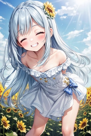 masterpiece, best quality, extremely detailed, (illustration, official art), 1 girl ,(((( light blue long hair)))), ,(((( light blue long hair)))),light blue hair, , long hair ((blush)) , cute face, masterpiece, best quality,(((((a very delicate and beautiful girl))))),Amazing,beautiful detailed eyes,blunt bangs((((little delicate girl)))),tareme(true beautiful:1.2), sense of depth,dynamic angle,,,, affectionate smile, (true beautiful:1.2),,(tiny 1girl model:1.2),)(flat chest) ,closed eyes, (masterpiece,high-quality,ultra detailed,8K,UHD,high-resolution,perfect anatomy,ultra complex and detiled), perfect anatomy, leaning forward, head tilt, standing, arms behind back, (little girl, petite:1.1),, (closed eyes:1.1), grin, embarrassed, blush, sunflower patterned dress, off shoulder, smile, flower, sunflower, flower field, field, dandelion, day, summer, solo, outdoors,
Opaque clothing