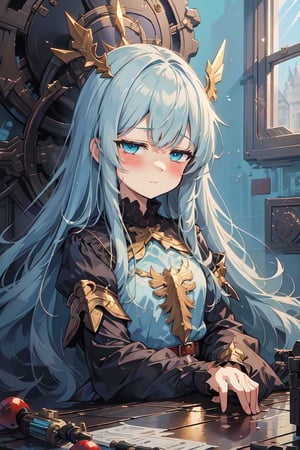 masterpiece, best quality, extremely detailed, (illustration, official art:1.1), 1 girl ,(((( light blue long hair)))), ,(((( light blue long hair)))),light blue hair, , long hair ((blush)) , cute face, masterpiece, best quality,(((((a very delicate and beautiful girl))))),Amazing,beautiful detailed eyes,blunt bangs((((little delicate girl)))),(((tareme))),droopy eyes.(true beautiful:1.2), sense of depth,dynamic angle,,,, affectionate smile, (true beautiful:1.2),,(tiny 1girl model:1.2),)(flat chest),One girl、Dynamic configuration、[17277fbe68],He threatened Hideo.、high quality、Maximum details、(((最high quality、最高masterpiece、Official Art、最高のDynamic configuration)))、、(Tabletop, 最high quality), Very detailed, Anime Style, Concept Art、whole body, (masterpiece), 最high quality, Fantasy art,whole body、masterpiece、最high quality、(colorful)、（Beautifully detailed eyes and face）、Cinema Lighting、Extremely detailed CG、Super huge、whole body、wallpaper、Dress with weapons in Wonderland, (((Everybody wears red ))), Ammunition belt, gun, machine gun, gatling gun, hand gun,weapons,Barren Land、White Background、