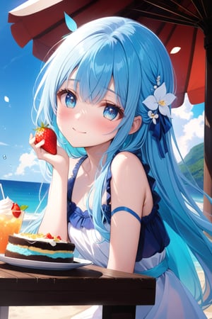 masterpiece, best quality, extremely detailed, (illustration, official art:1.1), 1 girl ,(((( light blue long hair)))), ,(((( light blue long hair)))),light blue hair, , long hair ((blush)) , cute face, big eyes, masterpiece, best quality,(((((a very delicate and beautiful girl))))),Amazing,beautiful detailed eyes,blunt bangs((((little delicate girl)))),tareme(true beautiful:1.2), sense of depth,dynamic angle,,,, affectionate smile, (true beautiful:1.2),,(tiny 1girl model:1.2),)(flat chest)、Seaside, blue eyes, Seaside café at sunset、White dress, Cafe, Profile, Beach,Beach parasol, Relax, tropical juice, aquamarine hair, water drop、There is fried noodles on the table、、Eating strawberry shaved ice with relish、A cafe decorated with lots of orchid flowers、
