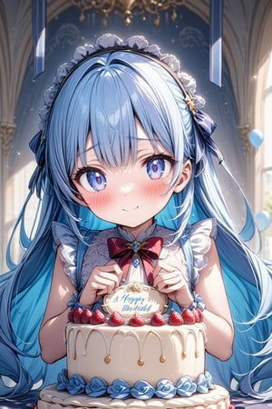 masterpiece, best quality, extremely detailed, (illustration, official art:1.1), 1 girl ,(((( light blue long hair)))), ,(((( light blue long hair)))),light blue hair, , long hair ((blush)) , cute face, big eyes, masterpiece, best quality,(((((a very delicate and beautiful girl))))),Amazing,beautiful detailed eyes,blunt bangs((((little delicate girl)))),tareme(true beautiful:1.2), sense of depth,dynamic angle,,,, affectionate smile, (true beautiful:1.2),,(tiny 1girl model:1.2),)(flat chest),shy, (Masterpiece, best quality) (detailed light), (an extremely delicate and beautiful), volume light, best shadow, flash, Depth of field, dynamic angle, Oily skin upper body, 1 Girl on her birthday, extremely detailed big birthday cake, Colorful Lolita dresses, lots of pretty ruffles, red bows, headbands, Make a wish Beautiful elegant room, lots of streamers, balloon BREAK Happy Birthday Song： Happy birthday to you Happy birthday to you Happy birthday, happy birthday Happy birthday to you,(((Embarrassed)))
