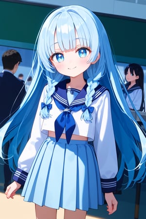 masterpiece, best quality, extremely detailed, (illustration, official art), 1 girl ,(((( light blue long hair)))), ,(((( light blue long hair)))),light blue hair, , long hair ((blush)) , cute face, masterpiece, best quality,(((((a very delicate and beautiful girl))))),Amazing,beautiful detailed eyes,blunt bangs((((little delicate girl)))),tareme,(true beautiful:1.2), sense of depth,dynamic angle,,,, affectionate smile, (true beautiful:1.2),,(tiny 1girl model:1.2),)(flat chest) , 、Sailor suit、(masterpiece,high-quality,ultra detailed,8K,UHD,high-resolution,perfect anatomy,ultra complex and detiled),(little girl, petite:1.1),school students enjoying their lunch in a crowded cafeteria、 Delicate and beautiful anime face、Clear Eyes、Sailor suit、 light blue Braided long hair beautiful girl、anime, anime,loli face,younge ,14yo,(((( light blue long hair)))),Best Quality,High resolution, young,, realistic shadows, anime screencap,, realistic shadows, anime screencap、Clear Eyes、Sailor suit、