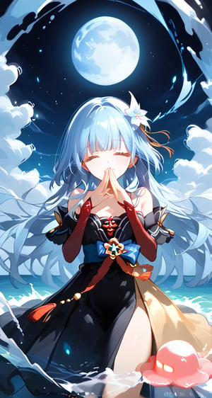 masterpiece, best quality, extremely detailed, (illustration, official art:1.1), 1 girl ,(((( light blue long hair)))), ,(((( light blue long hair)))),light blue hair, , long hair ((blush)) , cute face, big eyes, masterpiece, best quality,(((((a very delicate and beautiful girl))))),Amazing,beautiful detailed eyes,blunt bangs((((little delicate girl)))),tareme(true beautiful:1.2), sense of depth,dynamic angle,,,, affectionate smile, (true beautiful:1.2),,(tiny 1girl model:1.2),)(flat chest) ,A breathtaking scene unfolds as the moonlight casts a luminous glow on a deserted beach, painting the sky with a tapestry of twinkling stars. At the center of this ethereal moment, A young woman with long hair cascades sits in deep meditation. Its tranquil presence evokes a sense of inner peace and serenity amidst the vastness of the empty coast. The girl's silhouette stands out against the backdrop of darkness, his serene expression bathed in soft moonlight. Long pink tentacles of cascade down the back, intertwined with the gentle sea breeze that caresses his face. Your closed eyes indicate a deep connection to the universe, as if his own thoughts harmonized with the whispers of the ocean waves.((big moon )))