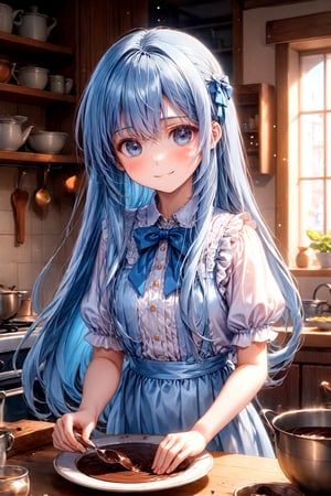 flat chest,masterpiece, best quality, extremely detailed, (illustration, official art:1.1), 1 girl ,(((( light blue long hair)))), light blue hair, , blunt bangs,10 years old, long hair ((blush)) , cute face, big eyes, masterpiece, best quality,(((((a very delicate and beautiful girl))))), small Girl,Amazing,beautiful detailed eyes,blunt bangs((((little delicate girl)))),tareme(true beautiful:1.2), ,,, affectionate smile,(8K, Raw photography, top-quality, ​masterpiece:1.2),Valentine's Day Preparation: An anime character in a cozy, warmly lit kitchen, surrounded by ingredients and utensils for making chocolates. The character is focused on pouring melted chocolate into heart-shaped molds, with ribbons, wrapping paper, and small cards scattered around, suggesting the preparation of personalized gifts. The ambiance is one of anticipation and joy, as the character prepares these tokens of affection.
,breakdomain, (masterpiece:1.2)