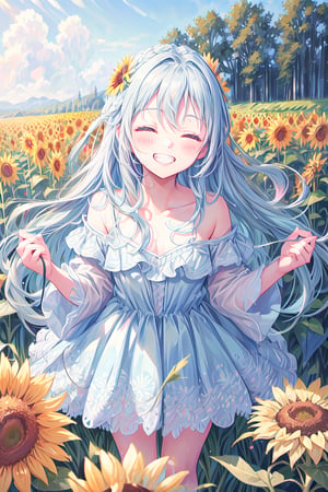 masterpiece, best quality, extremely detailed, (illustration, official art), 1 girl ,(((( light blue long hair)))), ,(((( light blue long hair)))),light blue hair, , long hair ((blush)) , cute face, masterpiece, best quality,(((((a very delicate and beautiful girl))))),Amazing,beautiful detailed eyes,blunt bangs((((little delicate girl)))),tareme(true beautiful:1.2), sense of depth,dynamic angle,,,, affectionate smile, (true beautiful:1.2),,(tiny 1girl model:1.2),)(flat chest) ,closed eyes, (masterpiece,high-quality,ultra detailed,8K,UHD,high-resolution,perfect anatomy,ultra complex and detiled), perfect anatomy, leaning forward, head tilt, standing, arms behind back, (little girl, petite:1.1),, (closed eyes:1.1), grin, embarrassed, blush, sunflower patterned dress, off shoulder, smile, flower, sunflower, flower field, field, dandelion, day, summer, solo, outdoors,
Opaque clothing