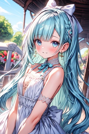 masterpiece, best quality, extremely detailed, (illustration, official art:1.1), 1 girl ,(((( light blue long hair)))), light blue hair, ,10 years old, long hair ((blush)) , cute face, big eyes, masterpiece, best quality,(((((a very delicate and beautiful girl))))),Amazing,beautiful detailed eyes,blunt bangs((((little delicate girl)))),tareme(true beautiful:1.2), sense of depth,dynamic angle,,,, affectionate smile, (true beautiful:1.2),,(tiny 1girl model:1.2),)(flat chest)),, face,1girl, solo, jewelry, earrings,, looking at viewer, bangs, parted lips, long hair, pink nails, bow, portrait, ribbon, nail polish, cross, crescent, neck ribbon,masterpiece, best quality, high quality, detailed, ultra detailed, hyper detailed, insanely detailed, exquisite, beautiful, 4k, 8k, (kawaii: 1.3), (cute), many families, (sincere smiles), (amusement park, wonderland, Flower Garden: 1.2), Delightful, Happy, Glad, Cheerful, Happy, Beautiful, Flowerpunk, Happycore, Light Atmosphere, Pastel Academia, Fairy Academia, in a Bright and Colorful World, (Shine and translucent: 1.2), rainbow gradient,full body,pastelbg
