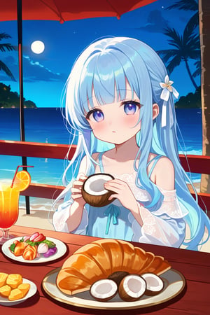 masterpiece, best quality, extremely detailed, (illustration, official art:1.1), 1 girl ,(((( light blue long hair)))), ,light blue hair, , long hair ((blush)) , cute face, masterpiece, best quality,(((((a very delicate and beautiful girl))))),Amazing,beautiful detailed eyes,blunt bangs((((little delicate girl)))),.(true beautiful), sense of depth,, ,(tiny 1girl model:1.2),)(flat chest),The beach at eight oclock at night,An outdoor seaside restaurant,There are some colored lights,plant,shell,beach,Stones,coconut tree,There are some drinks and snacks on the table