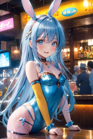 masterpiece, best quality, extremely detailed, (illustration, official art:1.1), 1 girl ,(((( light blue long hair)))), ,(((( light blue long hair)))),light blue hair, , long hair ((blush)) , cute face, masterpiece, best quality,(((((a very delicate and beautiful girl))))),Amazing,beautiful detailed eyes,blunt bangs((((little delicate girl)))),(((tareme))),droopy eyes.(true beautiful:1.2), sense of depth,dynamic angle,,,, affectionate smile, (true beautiful:1.2),,(tiny 1girl model:1.2),)(flat chest), 1 cute girl,  hairband, blue eyes, smile, open mouth, cowboy shot,
BREAK
(Pink Playboy Bunny, Pink Shiny Latex Leotard, Fishnet Tights, Bunny Ears Hairband), Cyberpunk bar counter,
BREAK
masterpiece, best quality, very aesthetic, absurdres, absolutely resolution, ultra detailed, 8K, detailed beautiful face and eyes, perfect anatomy, professional lighting,