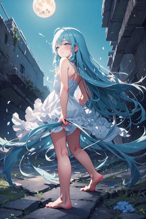 masterpiece, best quality, extremely detailed, (illustration, official art:1.1), 1 girl ,(((( light blue long hair)))), light blue hair, ,10 years old, long hair ((blush)) , cute face, big eyes, masterpiece, best quality,(((((a very delicate and beautiful girl))))),Amazing,beautiful detailed eyes,blunt bangs((((little delicate girl)))),tareme(true beautiful:1.2), sense of depth,dynamic angle,affectionate smile, (true beautiful:1.2),,(tiny 1girl model:1.2),(flat chest)), 
Soft Focus , (Masterpiece, top quality, super detailed CG, ultra detailed beautiful face and eyes,super detailed, intricate details:1.2), 8k wallpapers, elaborate features,
(1 person, solo:1.4)perfect cartoon illustration,(1 person, solo:1.4)
(realistic textures:0.8), high res, cute, (vivid colors, dynamic lighting:1.0), (high contrast:0.8),
A girl (in her teens) with a mysterious atmosphere overlooking the lowlands from the top of a steep cliff, very pretty face, long glossy blue hair, clear sky-blue eyes, clear skin, slender arms and legs (both barefoot), wearing only a white dress that reaches down to her calves, surrounded by blue phosphorescence. Blue phosphorescence surrounds her, ruins spread far and wide in front of her, the place is a fantastic and vast urban ruin, the time is night and the area is dark, but stars and a big moon are shining brightly in the sky, back view, so that her whole body is included in the illustration.,Human bones,prison