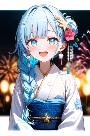 masterpiece, best quality, extremely detailed, (illustration, official art:1.1), 1 girl ,(((( light blue long hair)))), ,(((( light blue long hair)))),light blue hair, , long hair ((blush)) , cute face, masterpiece, best quality,(((((a very delicate and beautiful girl))))),Amazing,beautiful detailed eyes,blunt bangs((((little delicate girl)))),(((tareme))),droopy eyes.(true beautiful:1.2), sense of depth,dynamic angle,,,, affectionate smile, (true beautiful:1.2),,(tiny 1girl model:1.2),)(flat chest), "A woman in a beautiful white yukata with hydrangea patterns. The obi of the yukata is pink and adorned with shining pearl accessories. The background features fireworks lighting up the dark night sky with vibrant colors, beautifully illuminating her."colored inner hair, side ponytail, hair one side up, shiny hair, wet hair, tied hair, low-braided long hair, lone nape hair, kanzashi, star hair ornament, flower hair ornament, musical note hair ornament, multicolored eyes, aqua eyes, gradient eyes, gradient_eyes, longeyelashes, solid circle eyes, crescent earrings, glint, happy, laughing, Surrealism, anime, sparkle, 8k, super detail, UHD, accurate, masterpiece, anatomically correct, textured skin, super detail, high details, high quality, award winning, best quality, highres
,full body,