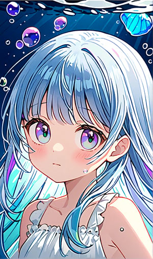 (illustration, official art:1.1), 1 girl ,((( light blue hair)))), , ((iridescent hair, half blue and half Purple hair: 1.2)),,((( light blue long hair )))),light blue hair, ,((blush)) , cute face, big eyes, masterpiece, best quality,(((((a very delicate and beautiful girl))))),Amazing,beautiful detailed eyes, blunt bangs((((little delicate girl)))),(((tareme))),droopy eyes.(true beautiful:1.2), sense of depth,dynamic angle,,,, affectionate smile, (true beautiful:1.2 ),,(tiny 1girl model:1.2),)(flat chest),(muste piece), (best quality), very detailed, 1 girl, perfect face, (solo full body shot:1.3), very detailed face,,(blue eyes:1.4), (in water:1.4), (white dress:1.5), Ocean, coral reef, School of small fish, light, bubble, jellyfish, Ocean algae, (Deep Ocean:1.4), fantasy, Ocean bottom, float
