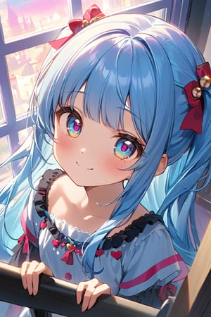  asterpiece, best quality, extremely detailed, (illustration, official art: 1.1), 1 girl, (((light blue long hair))), ((light blue long hair))), ((light blue long hair))), light blue hair,, long hair ((blush)), cute face, big eyes, masterpiece, best quality, ((((a very delicate and beautiful girl)))), amazing, beautiful detailed eyes, blunt bangs (((little delicate girl)))), tareme (true beautiful: 1.2) , sense of depth, dynamic angle,,, affectionate smile, (true beautiful: 1.2), (tiny 1girl model: 1.2),) (flat chest), (masterpiece: 1.5, highest quality: 1.5), (((VaporWave Style, Decorated colored)) ), close-up, from above, cinematic angle, (((vanilla))), 1girl, solo, cute smile, jewelry decoration, the doll is a mess, decadent life, poles outside the window, morning glow outside the window,two side up