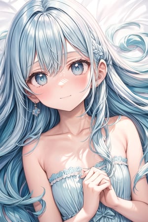 masterpiece, best quality, extremely detailed, (illustration, official art:1.1), 1 girl ,(((( light blue long hair)))), ,(((( light blue long hair)))),light blue hair, , long hair ((blush)) , cute face, big eyes, masterpiece, best quality,(((((a very delicate and beautiful girl))))),Amazing,beautiful detailed eyes,blunt bangs((((little delicate girl)))),tareme(true beautiful:1.2), sense of depth,dynamic angle,,,, affectionate smile, (true beautiful:1.2),,(tiny 1girl model:1.2),)(flat chest),Official art using high-quality hand-drawn watercolor sketch techniques. (best quality,4k,8k,highres,masterpiece:1.2),ultra-detailed,beautiful detailed eyes,A girl with beautiful eyes, everyone, beautiful anime girl, cute anime girl, smooth anime art, anime style, elegant colors, soft lighting, delicate beautiful wet eyes, very coquettish, (correct hands:1.2),,Big earrings,
