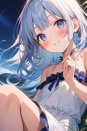 masterpiece, best quality, extremely detailed, (illustration, official art: 1.1), 1 girl, (((light blue long hair))), ((blush)), cute face, big Eyes, masterpiece, best quality, (((a very delicate and beautiful girl))))), amazing, beautiful detailed eyes, blunt bangs ((((little delicate girl))), ((tareme))), droopy eyes. (true beautiful: 1.2), sense of depth, affectionate smile, (true beautiful: 1.2), (tiny 1girl model: 1.2),) (flat chest),(best quality:1.2),(hands finger 5 digits:1.3),(extremely delicate and beautiful:1.3),(detailed ultra detailed:1.2),(scenery clear details:1.2),(scenery crystal clear :1.2),(solo),(white dress),(angel wings),(floating white feathers,starry sky),(clusters of stars,starry sky),(glinting stars),(solo),(best quality),(extremely delicate and beautiful:1.3),(detailed ultra detailed:1.2),(scenery clear details:1.2),eathering With You,anime,Fantasy World,Magical atmosphere,Fantastic starry sky,Fantastic Background,Hair swaying in the wind,Expressive eyes,Dynamic Perspective,Calm emotions,Calm mood、masterpiece, best quality, extremely detailed,full body,Rainbow-colored wings,
