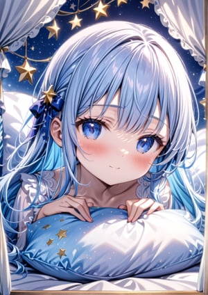  masterpiece, best quality, extremely detailed, (illustration, official art:1.1), 1 girl ,(((( light blue long hair)))), ,(((( light blue long hair)))),light blue hair,loli, long hair ((blush)) , cute face, , masterpiece, best quality,(((((a very delicate and beautiful girl))))),Amazing,beautiful detailed eyes,blunt bangs((((little delicate girl)))),tareme(true beautiful:1.2), sense of depth,dynamic angle,,,, affectionate smile, (true beautiful:1.2),,(tiny 1girl model:1.2),)(flat chest), complex background, wishing star background, a magical scene with shining stars and dreamlike elements, conveying the idea that the magic of Christmas awakens sleeping dreams. Make sure the elements give a dreamy feel. in bed, There are a lot of pillows, dreamy, comfortable, night time, crescent moon, Quiet nights,Comfortable beds,Cosy bedroom,Serene expression,Lightweight dressing gown,gentlesoftlighting,dreamlike scenes,Cloud-like pillows,Starry curtain, portrait、 ☁🌙, ,Embryo,Sleep comfortably, Sleeping Cute Girl,