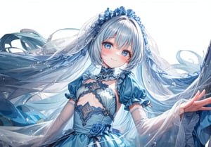 masterpiece, best quality, extremely detailed, (illustration, official art:1.1), 1 girl ,(((( light blue long hair)))), ,(((( light blue long hair)))),light blue hair, , long hair ((blush)) , cute face, masterpiece, best quality,(((((a very delicate and beautiful girl))))),Amazing,beautiful detailed eyes,blunt bangs((((little delicate girl)))),(((tareme))),droopy eyes.(true beautiful:1.2), sense of depth,dynamic angle,,,, affectionate smile, (true beautiful:1.2),,(tiny 1girl model:1.2),)(flat chest),masterpiece, best quality, 8K,,BREAK, a woman standing in the center of the scene with a gentle expression on her face against a torrent of light. She has ice blue hair and wears a light blue dress, and in her hand she holds a clear, delicate ice rose. This ice rose is in harmony with her pure presence, and a faint mist seems to be emanating from the rose. The surrounding torrent of light is dynamic and illuminates the girl's surroundings. Her smile is both gentle and serene, capturing the peace and beauty of this moment. The background is almost entirely blown white, with the light and the silhouette of the girl taking center stage
