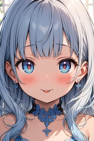 masterpiece, best quality, extremely detailed, (illustration, official art:1.1), 1 girl ,(((( light blue long hair)))), ,(((( light blue long hair)))),light blue hair, , long hair ((blush)) , cute face, big eyes, masterpiece, best quality,(((((a very delicate and beautiful girl))))),Amazing,beautiful detailed eyes,blunt bangs((((little delicate girl)))),(((tareme))),droopy eyes.(true beautiful:1.2), sense of depth,dynamic angle,,,, affectionate smile, (true beautiful:1.2),,(tiny 1girl model:1.2),)(flat chest), , tongue,Gal,Earrings,tattoo
