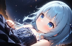 masterpiece, best quality, extremely detailed, (illustration, official art:1.1), 1 girl ,(((( light blue long hair)))), ,(((( light blue long hair)))),light blue hair, long hair ((blush)) , cute face, big eyes, masterpiece, best quality,(((((a very delicate and beautiful girl,))))),Amazing,beautiful detailed eyes,blunt bangs、((((little delicate girl)))),tareme(true beautiful:1.2), sense of depth,dynamic angle, ,flat chest, anime comic style 1girl, Design an image showcasing the allure of a starry night sky, with a myriad of twinkling stars, constellations, and the Milky Way.,masterpiece, best quality,Starry sky