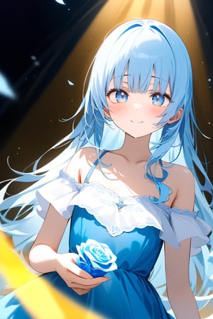 masterpiece, best quality, extremely detailed, (illustration, official art:1.1), 1 girl ,(((( light blue long hair)))), ,(((( light blue long hair)))),light blue hair, , long hair ((blush)) , cute face, masterpiece, best quality,(((((a very delicate and beautiful girl))))),Amazing,beautiful detailed eyes,blunt bangs((((little delicate girl)))),(((tareme))),droopy eyes.(true beautiful:1.2), sense of depth,dynamic angle,,,, affectionate smile, (true beautiful:1.2),,(tiny 1girl model:1.2),)(flat chest),masterpiece, best quality, 8K,(doyagao:1.1),BREAK, a woman standing in the center of the scene with a gentle expression on her face against a torrent of light. She has ice blue hair and wears a light blue dress, and in her hand she holds a clear, delicate ice rose. This ice rose is in harmony with her pure presence, and a faint mist seems to be emanating from the rose. The surrounding torrent of light is dynamic and illuminates the girl's surroundings. Her smile is both gentle and serene, capturing the peace and beauty of this moment. The background is almost entirely blown white, with the light and the silhouette of the girl taking center stage