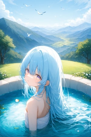 (((( light blue long hair)))),,(tiny 1girl model),)(flat chest),(((tareme))), long hair ,loli,Intricate Iris Details,Meticulous Eyelash Details,Dazzling Light, Warm lighting,Bright light,Romantic light,masterpiece, best quality,(((((a very delicate and beautiful girl))))),A spectacular daytime mountain view in the background、There is a woman soaking in the open-air bath.。She wrapped a towel around her body、He has a comfortable expression on his face.。There is silence all around。Amidst the beauty of nature and the warmth of hot springs、She is a mountain々Relaxing while enjoying the view。Enjoy a moment in the open-air bath that has become part of the scenery.、It's a special time of healing for her.。(((nature、outsides,Panorama,Bird’s-eye view)))