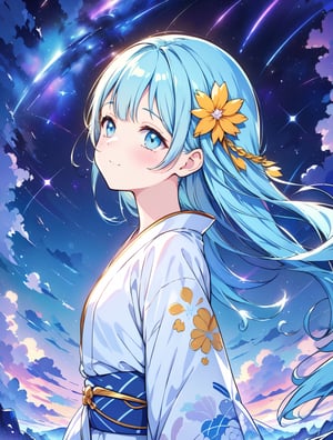 masterpiece, best quality, extremely detailed, (illustration, official art:1.1), 1 girl ,(((( light blue long hair)))), ,(((( light blue long hair)))),light blue hair, long hair ((blush)) , cute face, big eyes, masterpiece, best quality,(((((a very delicate and beautiful girl,))))),Amazing,beautiful detailed eyes,blunt bangs、((((little delicate girl)))),tareme(true beautiful:1.2), sense of depth,dynamic angle, ,flat chest, Tanabata、Top quality, masterpiece, Hikoboshi and Orihime, best smile, looking up at the sky, yukata, Milky Way, night view, Tanabata Festival, large tall bamboos and colorful hanging decoration,gold light particles effect、Starry sky
